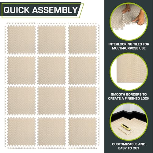 ProsourceFit Exercise Puzzle Mat 1/2-inch, EVA Interlocking Foam Floor Tiles for Home Gym, Workout Equipment, Kids Play Areas, Beige, 48 SQ FT - 12 Tiles