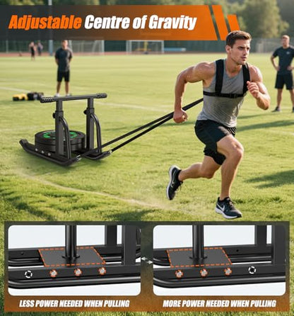Weight Sled, Heavy-Duty Push Pull Sled, Adjustable Height Handle, Workout Fitness Sled for Training- Running Speed, Agility, Soccer, Football, Strength, Crossfit- Suitable for 1" & 2" Plates - color: Black