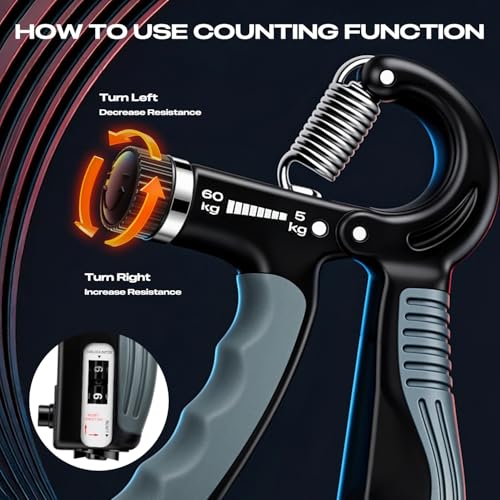 Grip Strength Trainer - Adjustable Resistance 11-132lbs/5-60kg Hand Gripper & Forearm Strengthener Device with Smart Counter for Sports & Rehab (black grey, 5-50kg)