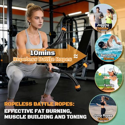 Cordless Battle Ropes, Adjustable Ropeless Battle Rope for Home Gym Workout, Portable Arm Fitness Equipment for Strength Training & Cardio, No Anchor Needed with Training Poster