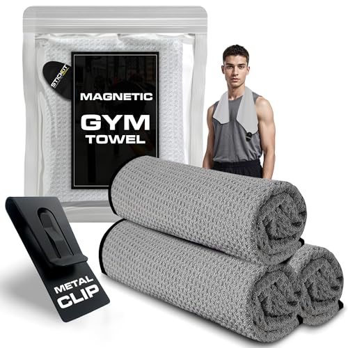 Microfiber Gym Towel - Sweat Absorbing, Quick Dry & Odor-Resistant Workout Towel for Men & Women with Magnet & Clip for Easy Attachment to Benches, Equipments & Bags - 29” x 29” (Grey)