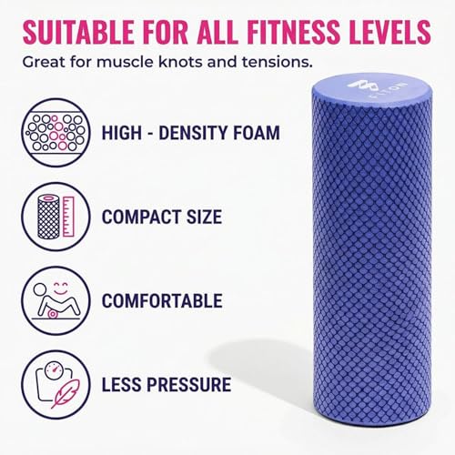 FitOn Foam Roller for Muscle Recovery - Compact and Portable, High-Density Foam Roller for Back Massage & Deep Tissue Relief and Home Exercise, Ideal for Use on Neck & Leg Soreness, 12"x4", Purple