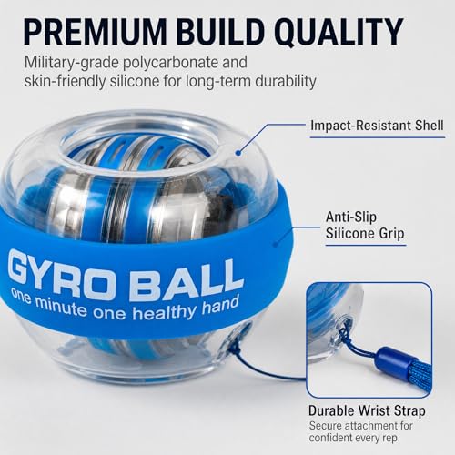 Gyro Ball Wrist Trainer, Auto Start Grip Strength Trainer with Battery-Free Self-Generating LED Lights, Forearm Trainer and Hand Exerciser, Torque Ball for Fitness, Office and Gaming - color: Blue