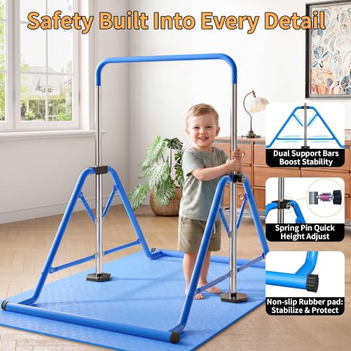 Expandable Gymnastics Bars 45''-61'' with Side Support Bars for Kids - color: Blue with mat