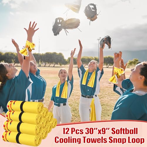 HunnmingRe 12 Pcs Mini Softball Cooling Towel with Snap Loop, 30" x 9" - color: Yellow, style: Softball