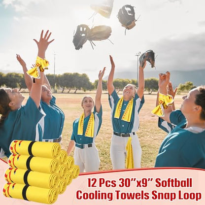HunnmingRe 12 Pcs Mini Softball Cooling Towel with Snap Loop, 30" x 9" - color: Yellow, style: Softball