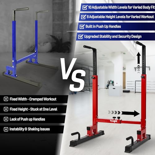 Yes4All Dip Stand 500 LBS Capacity, 80 Levels Adjustable Dip Bars, Dip Station Machine for Home Gym - color: Red & Black