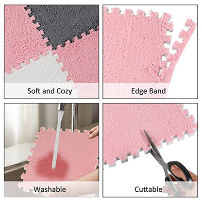 18 Pcs Plush Foam Floor Mat Square Interlocking Carpet Tiles with Border Fluffy Play Mat Floor Tiles Soft Climbing Area Rugs for Home Playroom, 12 x 12 x 0.4 in(White, Pink, Gray)