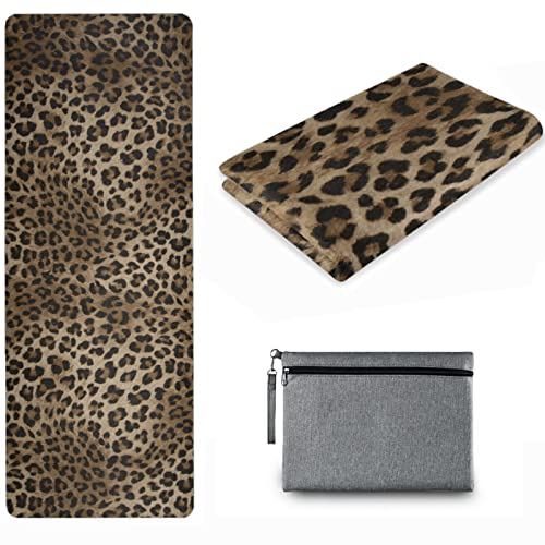 Naanle Leopard Yoga Mat with Carrying Bag Set, Leopard Print Exercise Mat Foldable Non Slip Travel Lightweight Workout Rug for Home Gym Yoga Pilates Stretching Floor Fitness 71x26 in - color: White 02