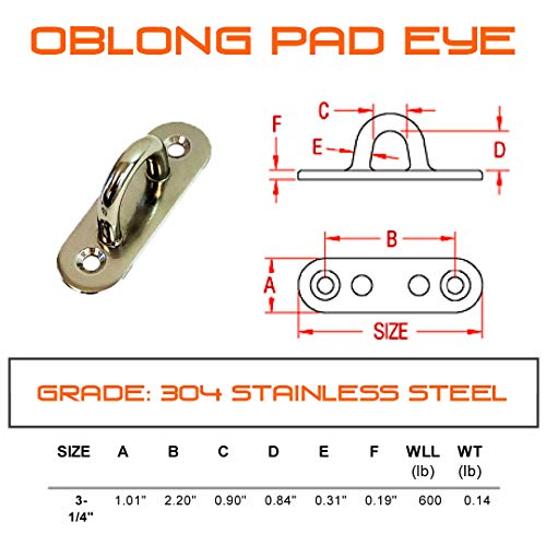 2-Pack Stainless Steel Oblong Pad Eye Anchor System for Studs - Beams - Porch - Wall Mount and Ceiling Mount System