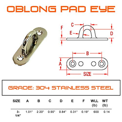2-Pack Stainless Steel Oblong Pad Eye Anchor System for Studs - Beams - Porch - Wall Mount and Ceiling Mount System