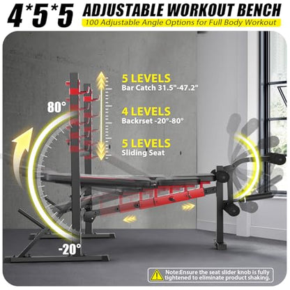 OPPSDECOR 900LBS Weight Bench Set with Squat Rack Foldable Bench Press Set with Leg Extension & Leg Curl Professional Flat/Incline/Decline Workout Bench for Home Gym Full Body Exercise