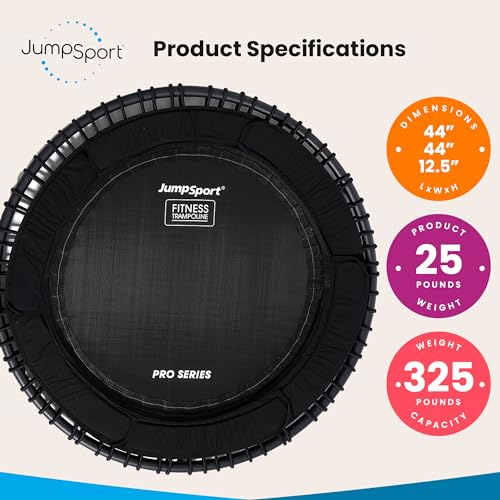 JumpSport 44" PRO Fitness Trampoline Model 530, Professional Rebounder, Adjustable Bounce, Elastic Cord System, 3-Piece Frame, Large Jump Surface, Low-Impact Cardio & Strength Training, 325lb Capacity