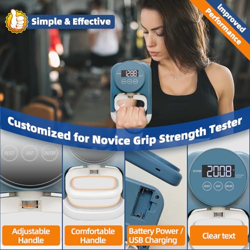 Grip Strength Tester Hand Gripper - Grip Strength Trainer Hand Dynamometer Handheld Meter LED Display Comfortable 265 Lbs / 120 Kgs Finger Strengthener for Sports Home School Gym Use
