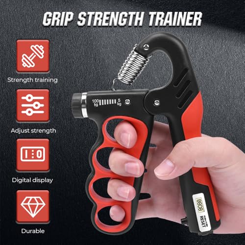 Adjustable Hand Grip Trainer with Electronic Counting, 2025 New Grip Strength Trainer 5-100KG/11-220LB Adjustable Hand Gripper Strengthener Forearm Exerciser for Adults Training Strength - color: Red