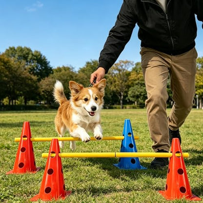 TNZMART Dog Agility Jumps Hurdles and Weave Poles Training Equipment Set Adjustable Dog Cones Obstacle Course for Backyard Portable Canine Exercise Kit with Carry Bag (Mix 4, 13 in)