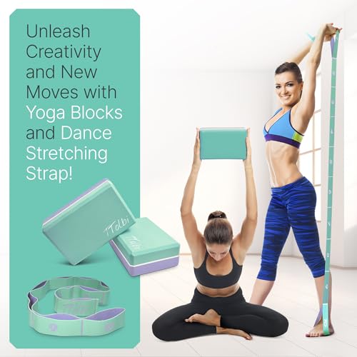 Yoga Blocks 2 Pack with Strap & Guide – Non-Slip EVA Foam Pilates Blocks for Home Workouts, Dance, Ballet, Gymnastics & Stretching Exercise | Ideal Dancer Gifts - color: Mint/Purple & Stretch Band Mint