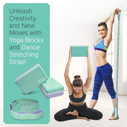 Yoga Blocks 2 Pack with Strap & Guide – Non-Slip EVA Foam Pilates Blocks for Home Workouts, Dance, Ballet, Gymnastics & Stretching Exercise | Ideal Dancer Gifts - color: Mint/Purple & Stretch Band Mint