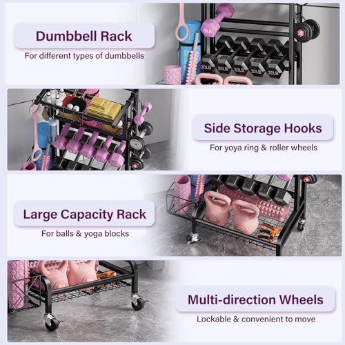 Dumbbell Rack, Weight Rack for Home Gym Storage Rack with Lockable Wheels & Hooks, Workout Equipment Storage for Yoga Mat Foam Roller Kettlebells Resistance Bands