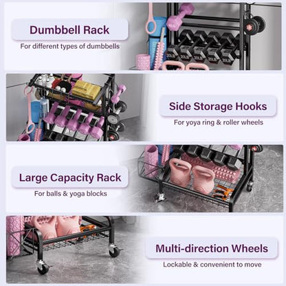 Dumbbell Rack, Weight Rack for Home Gym Storage Rack with Lockable Wheels & Hooks, Workout Equipment Storage for Yoga Mat Foam Roller Kettlebells Resistance Bands