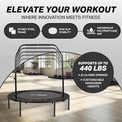 Foldable Mini Trampoline Fitness Rebounder for Home Gym Workouts – with 5-Level Adjustable Handle, Heavy-Duty Steel Frame, Portable Design, and Supports up to 440 Pounds