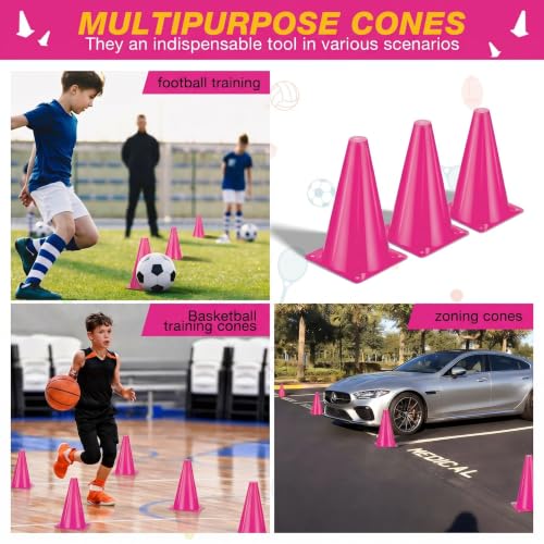 12pcs Cones 9 Inch Soccer Cones and Plastic Traffic Cones, Durable Cones for Sports Training, Ideal for Soccer, Basketball, Football, Skating, and Agility Drills Practice - color: pink
