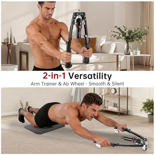 Chest & Arm Twister & Core Trainer, 3 in 1 Hydraulic Power Chest Workout Equipment with Ab Roller Wheels and Hooks, 22-440lbs for Strength Trainer, Home Gym Equipment for Full Body Strength Training