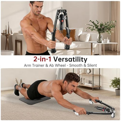 Chest & Arm Twister & Core Trainer, 3 in 1 Hydraulic Power Chest Workout Equipment with Ab Roller Wheels and Hooks, 22-440lbs for Strength Trainer, Home Gym Equipment for Full Body Strength Training