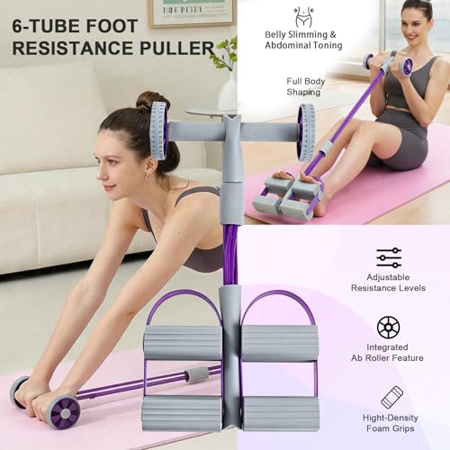 6-Tube Pedal Resistance Bands with Handles & Ab Roller, 2-in-1 Foot Pedal Puller, Home Gym Workout Equipment for Core Training, Full Body Exercise for Arm, Leg, Waist, Back