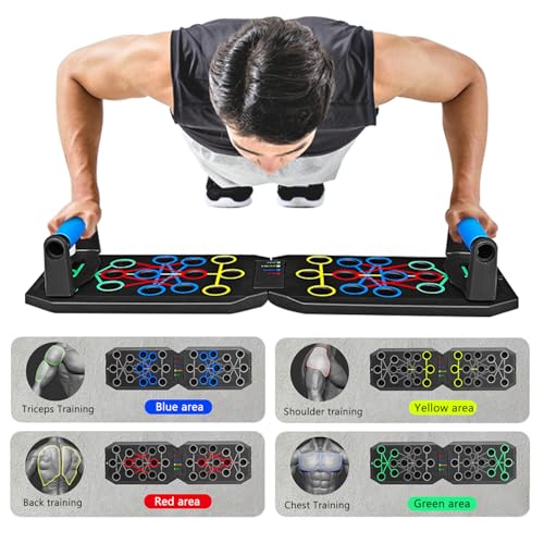 Push Up Board Fitness, BESUNTEK Foldable Multi-Function Exercise Board with Elastic Cord for Total Body Workouts, Portable Push Up Board for Floor