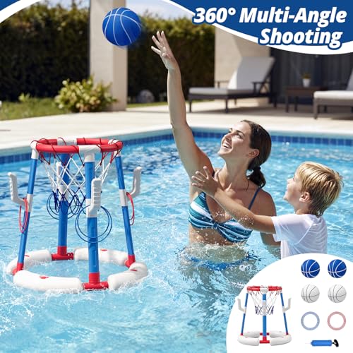 HYES 2 in 1 Pool Basketball Hoop with Ring Toss, Floating Pool Toys, Red - style: without backboard