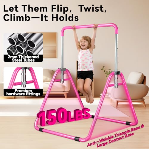 Kids Gymnastics Bar Gymnastic Equipment for Home Adjustable Height Gymnastic Training Bar Gymnastic Stuff for 3-7 Years Old Girls - color: Basic- Pink
