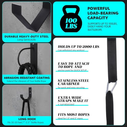 Battle Rope Wall Mount Kit with Anchor Strap Heavy Duty Steel Battle Rope Wall Mount Kit with Anchor & Storage Hook and Reinforced Nylon Strap, Easy and Fast Setup