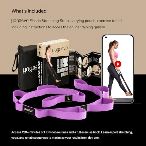 YOGA-EVO Elastic Stretching Strap with Loops for Physical Therapy - Stretch & Activate Muscles - Increase Mobility & Recovery - Soft Cotton & Spandex - Includes Carrying Pouch & Video Exercises - color: Purple