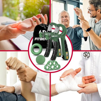 FitBeast Hand Grip Strengthener Workout Kit (5 Pack), 2 Forearm Grip Adjustable Resistance Hand Gripper, Finger Stretcher, Grip Ring & Stress Relief Grip Ball for Athletes - color: Dark Green
