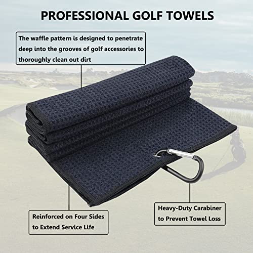 LUSTEMBER 3 Pack Large Golf Towels, 16" x 24" Tri-Fold Portable Microfiber Fabric Waffle Pattern Golf Towel for Golf Bag with Carabiner Clip to Quickly Remove Sand, Mud, Dirt and Sweat