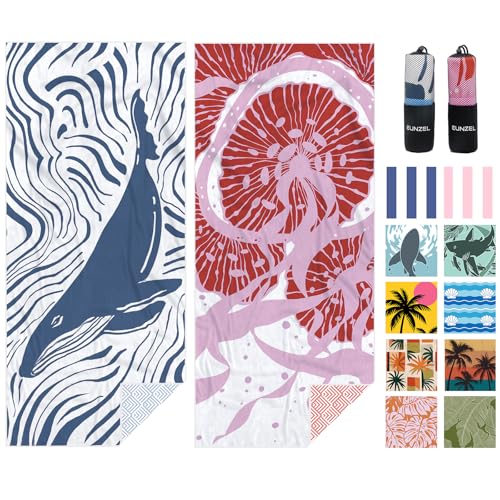 Eunzel 2 Pack Microfiber Beach Towel, Quick Dry Travel Towel Large Sand Free Towel for Beach, Camping, Swim Pool, Gym, Sports& Yoga 71"x32", Whale& Jellyfish