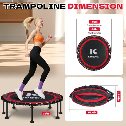 40/48" Foldable Rebounder Trampoline for Adults with Bungee, 450/550 LBS Quiet Indoor Mini Trampoline for Adults Fitness, Gym Workout, Home Exercise