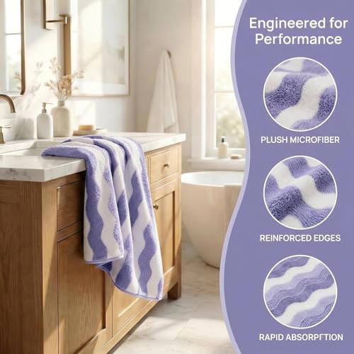 Microfiber Bath Towel 35x70in - Ultra Soft Quick Dry, Lightweight for Gym, Spa, Travel | Hotel Grade & Multi-Use| Single Pack - color: Purple and White Stripe, size: 35*70 Inches