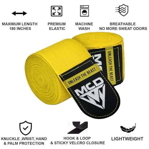 MCD Boxing Wraps for Men & Women 4.5m/180” Boxing Hand Wraps for Bᴏxing Gloves with Thumb Loop Muay Thai Hand Wrаps Semi-Elastic Wrist Wrаps Bᴏxing Wrap for MMA, Muay Thai & Martial Arts Training - color: Yellow