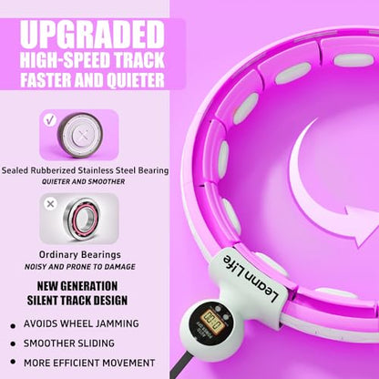 U5 Smart Weighted Hula Hoop with Counter, Waist Trimmer & Wash Bag –16 Knots, 28"–46" Adjustable Infinity Hoop Plus Size, Quiet Rubberized Wheels, Abdominal Toner - color: Purple + Waist Trimmer