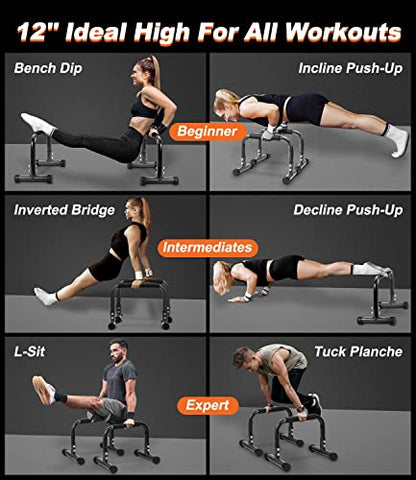 Push Up Bar, 12" High Parallettes Bars & Dip Bar With Full-Cover Foam Handles, No Wobbling Calisthenics Equipment For Handstand, L-Sit, Gymnastics, Strength Training Home Gym
