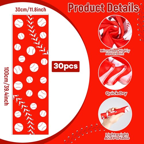 30Pcs Baseball Softball Cooling Towels for Neck and Face 40 x 12 Inch Baseball Sports Team Gifts Microfiber Breathable Workout Ice Towel Sweat Chilly Bulk Neck Wraps for Athletes Gym Camping Red