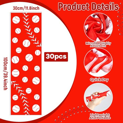 30Pcs Baseball Softball Cooling Towels for Neck and Face 40 x 12 Inch Baseball Sports Team Gifts Microfiber Breathable Workout Ice Towel Sweat Chilly Bulk Neck Wraps for Athletes Gym Camping Red