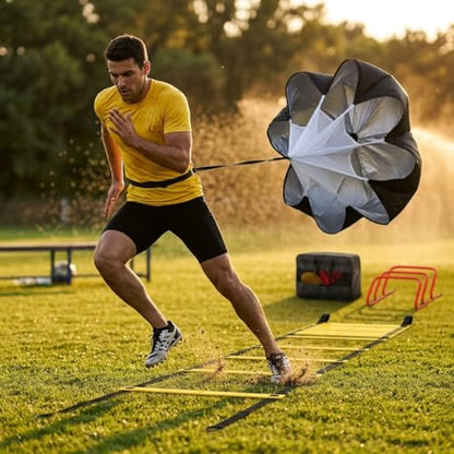 Agility Ladder Training Set - Yellow Speed & Footwork Training Equipment for Sports, Fitness, and Soccer - Includes Parachute, Hurdles, Cones, Jump Rope, and Carry Bag