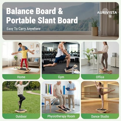 2-in-1 Slant & Balance Board, 180° Adjustable Wooden Calf Stretcher with Training Poster, 6 Angle Portable Incline Board, 300lb Capacity for Ankle Achilles Stretching & Physical Therapy