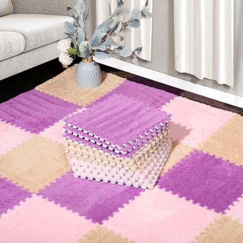 12 Pcs Plush Interlocking Carpet Tiles, Non-Toxic Foam Carpet Tiles for Toddler Baby, Anti-Slip, EVA Foam Interlocking Tiles for Floor, Nursery, Playroom, Purple, Light Brown, Pink - color: Purple,Light Brown,Pink, size: 12P