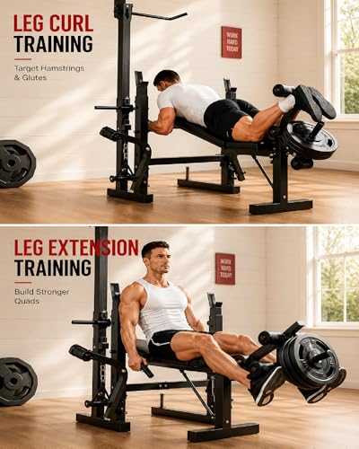 Garvee 8 in 1 Olympic Weight Bench Set with Leg Extension & Curl, Adjustable Bench Press Set with Rack, Preacher Curl Pad, Chest Fly，Lat Pulldown, Multi-Function Home Gym Strength Training Equipment
