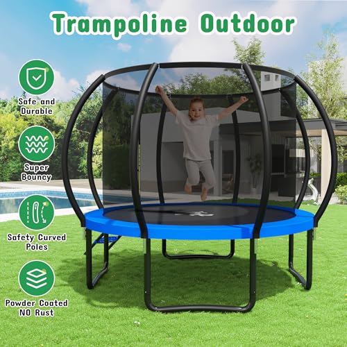 8FT 10FT 12FT 14FT 16FT Outdoor Trampoline with Safety Enclosure Net - color: Blue, size: 10 FT