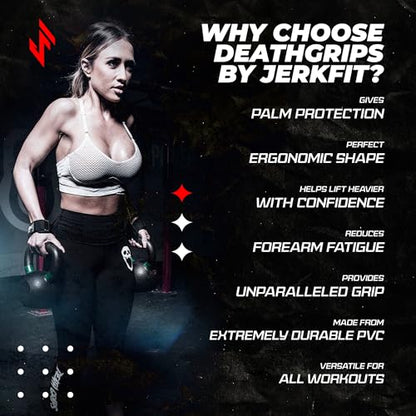 JerkFit Death Grips Premium Lifting Straps - Car Tire Grade Rubber PVC Wrist Straps for Shrugs, Pull Ups & Deadlifts with Neoprene Padded Support - size: Medium